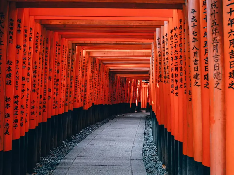 Path through the red torii gates of Fushimi Inari Shrine in Kyoto